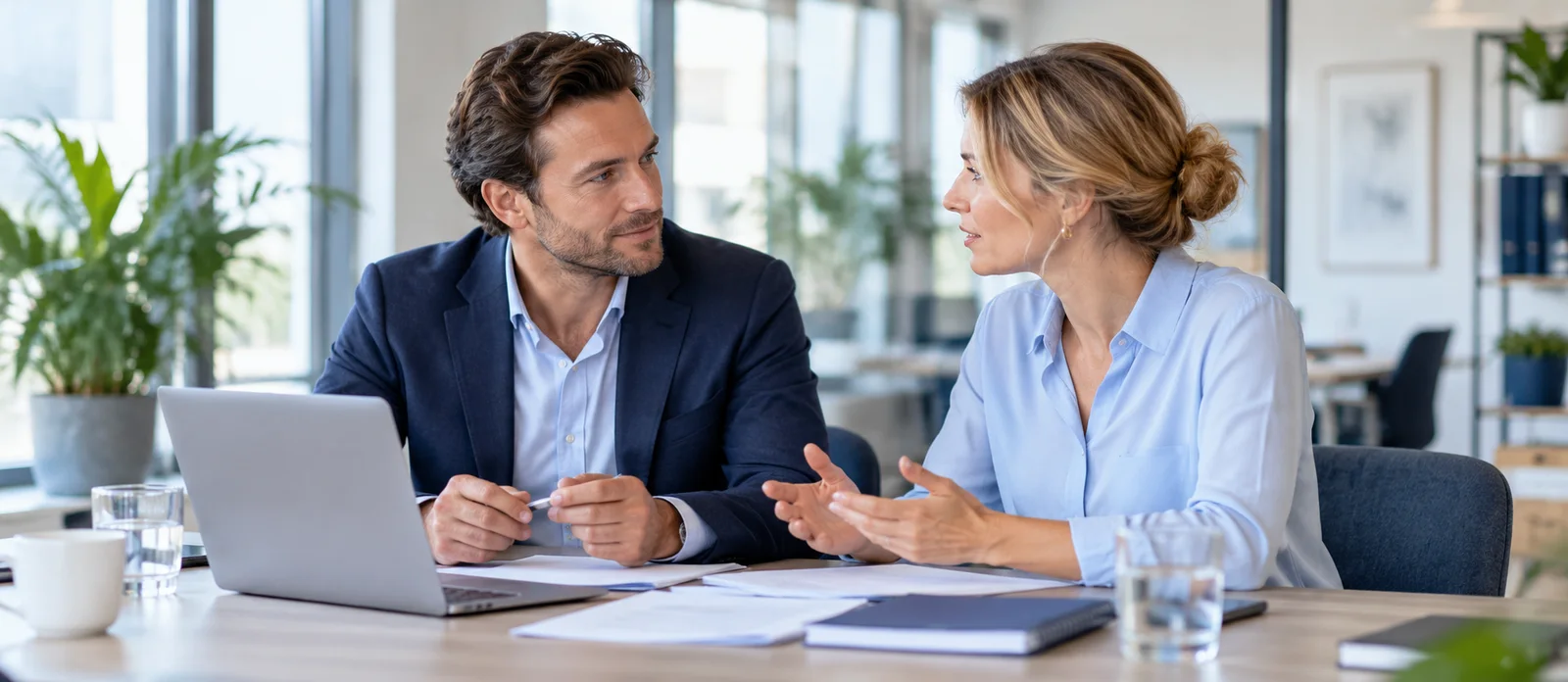 Twee mensen in een rustig professioneel gesprek op kantoor